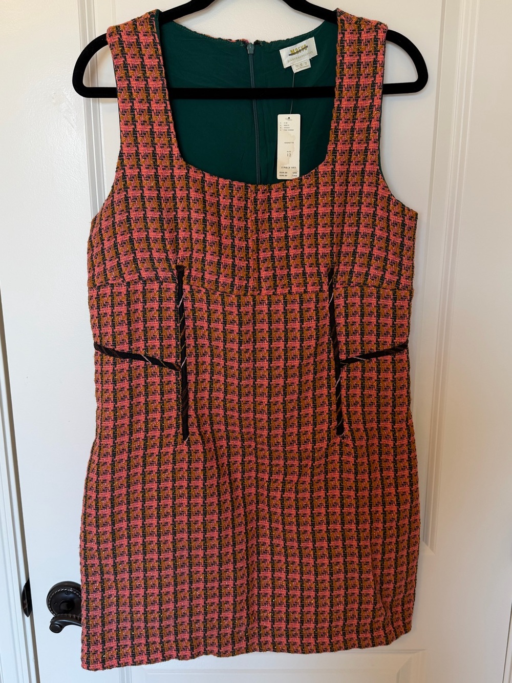 Anthropologie Pink Tweed Mini Dress with Green Lining